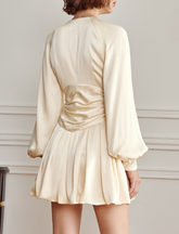 V-neck ruched mini dress with balloon sleeves - Nuljy